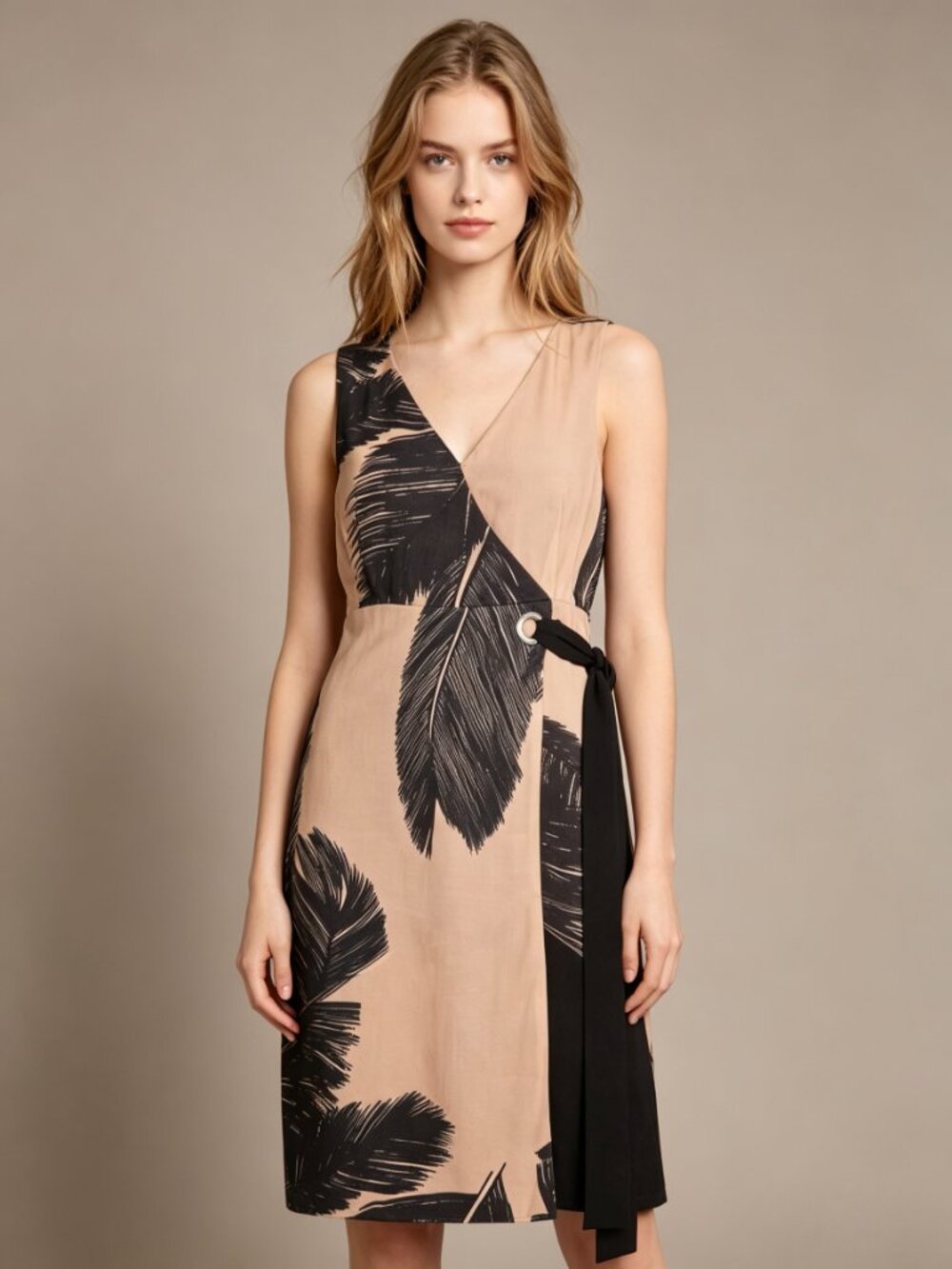 NWT Mint Velvet Beige / Peach Black Feather Pencil Midi TIE Dress US 4 UK 8 - Picture 2 of 13